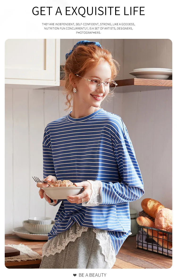 LOUIS YAO Contrast Colors Women's T-Shirts 2025 Autumn Striped Lace Long Sleeve Tees Slightly Stretchy Round Neck Casual Tops