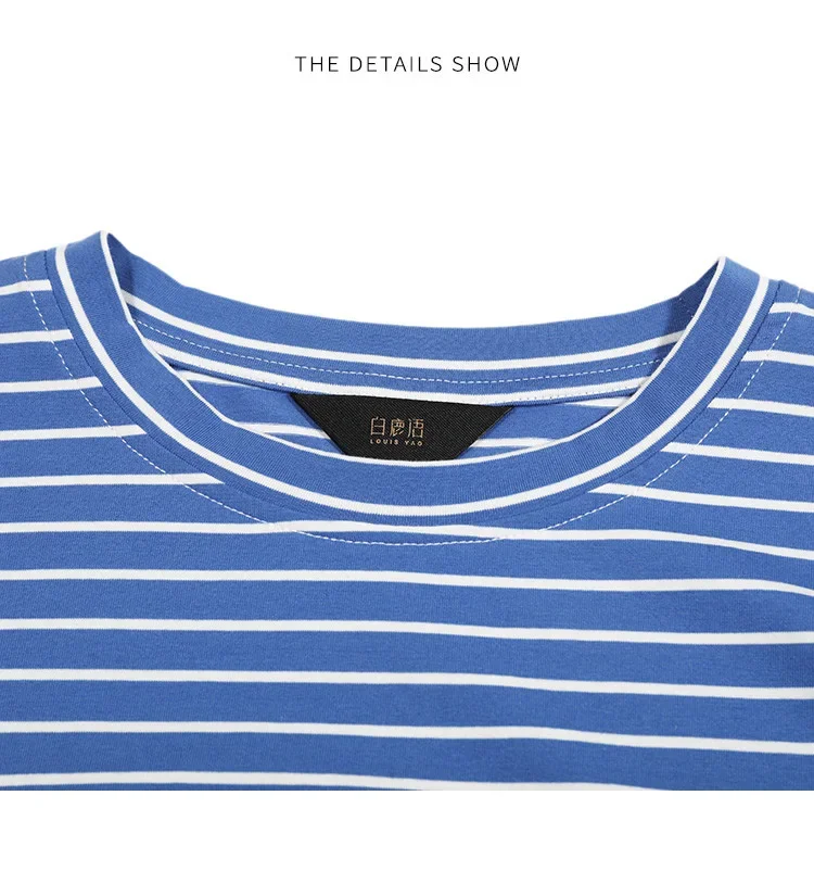 LOUIS YAO Contrast Colors Women's T-Shirts 2025 Autumn Striped Lace Long Sleeve Tees Slightly Stretchy Round Neck Casual Tops