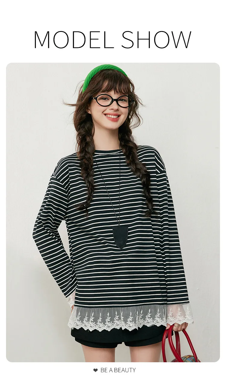 LOUIS YAO Contrast Colors Women's T-Shirts 2025 Autumn Striped Lace Long Sleeve Tees Slightly Stretchy Round Neck Casual Tops