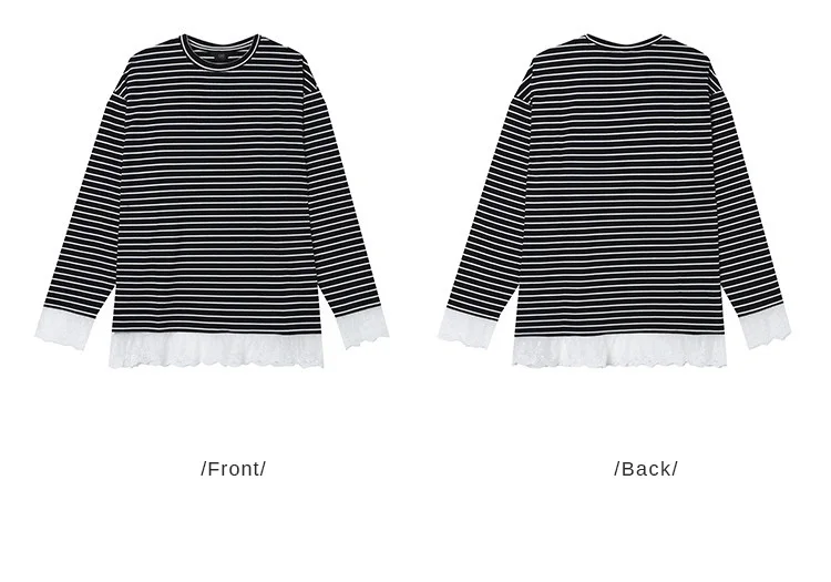 LOUIS YAO Contrast Colors Women's T-Shirts 2025 Autumn Striped Lace Long Sleeve Tees Slightly Stretchy Round Neck Casual Tops