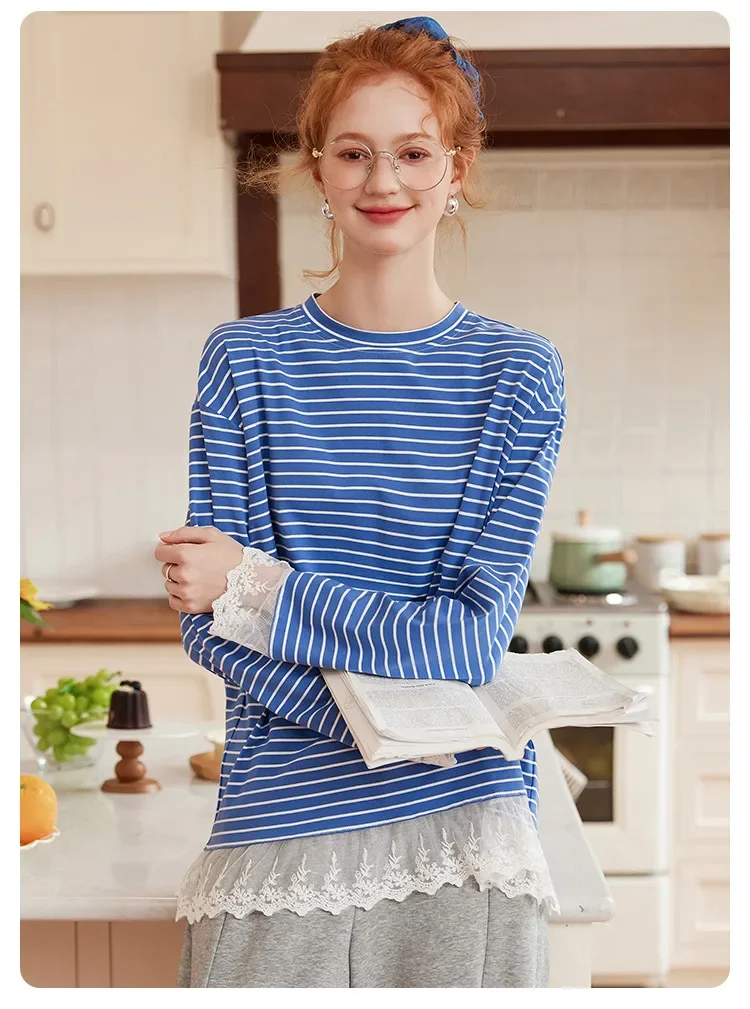 LOUIS YAO Contrast Colors Women's T-Shirts 2025 Autumn Striped Lace Long Sleeve Tees Slightly Stretchy Round Neck Casual Tops