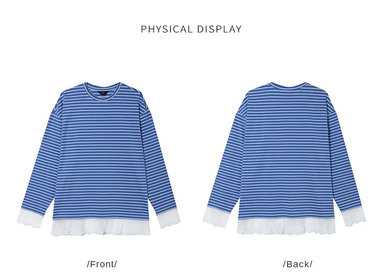 LOUIS YAO Contrast Colors Women's T-Shirts 2025 Autumn Striped Lace Long Sleeve Tees Slightly Stretchy Round Neck Casual Tops