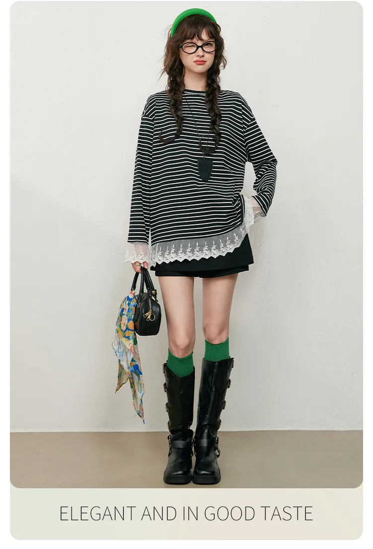 LOUIS YAO Contrast Colors Women's T-Shirts 2025 Autumn Striped Lace Long Sleeve Tees Slightly Stretchy Round Neck Casual Tops