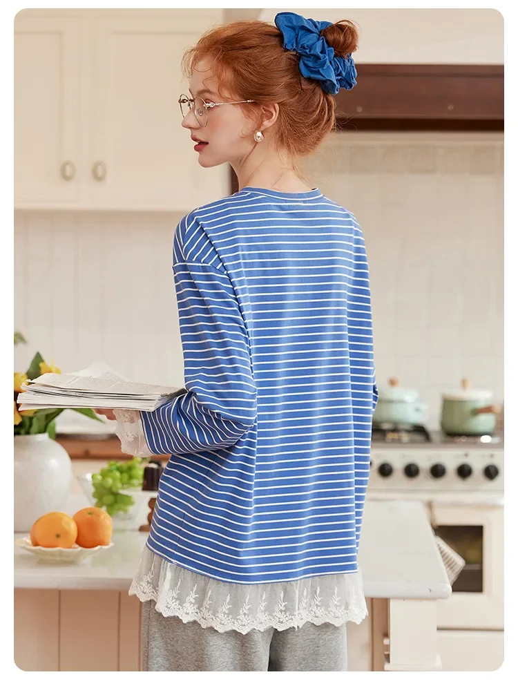 LOUIS YAO Contrast Colors Women's T-Shirts 2025 Autumn Striped Lace Long Sleeve Tees Slightly Stretchy Round Neck Casual Tops