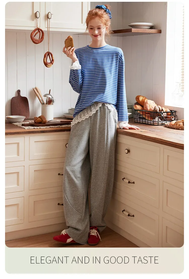 LOUIS YAO Contrast Colors Women's T-Shirts 2025 Autumn Striped Lace Long Sleeve Tees Slightly Stretchy Round Neck Casual Tops