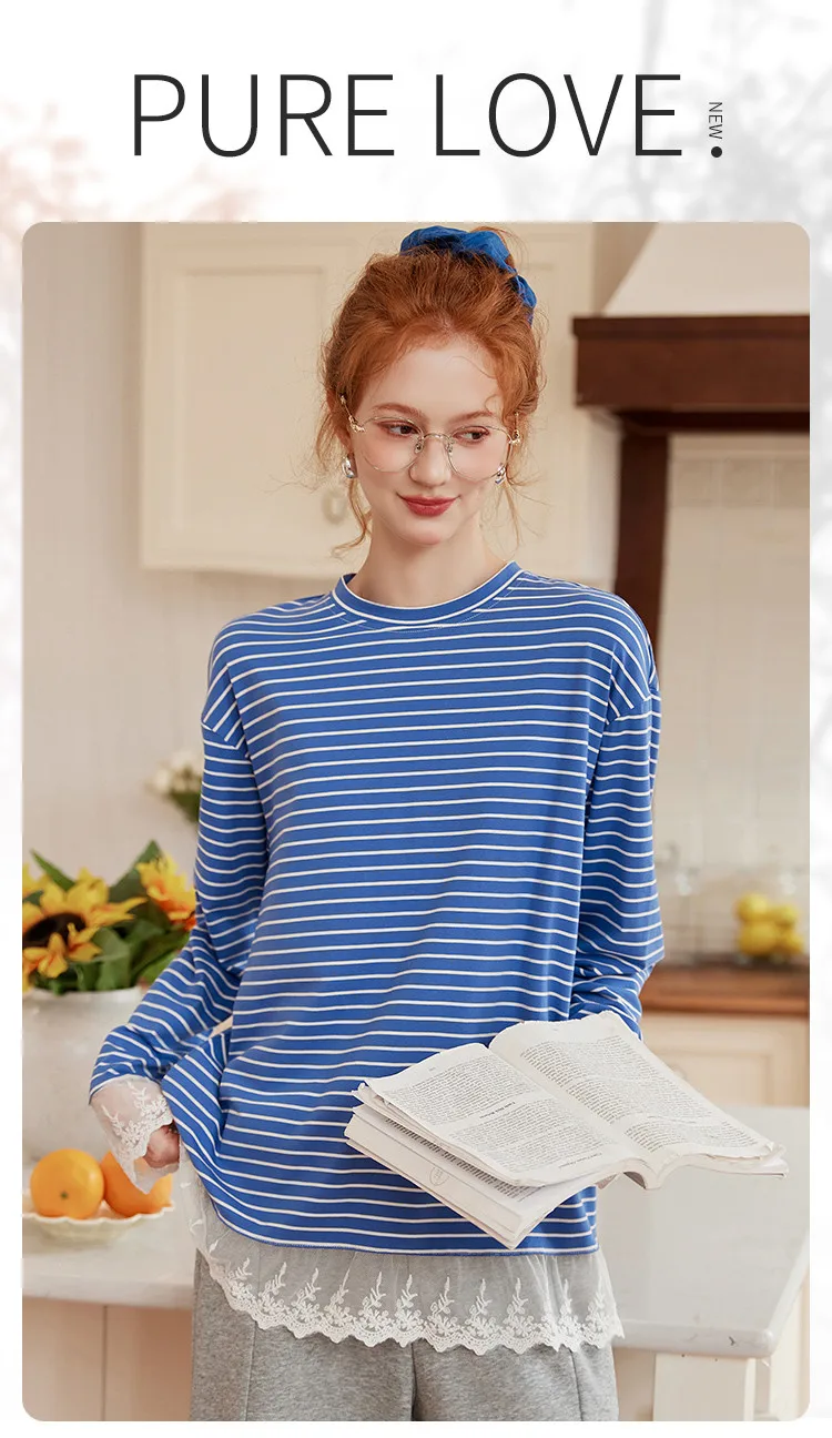 LOUIS YAO Contrast Colors Women's T-Shirts 2025 Autumn Striped Lace Long Sleeve Tees Slightly Stretchy Round Neck Casual Tops