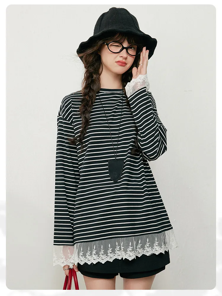 LOUIS YAO Contrast Colors Women's T-Shirts 2025 Autumn Striped Lace Long Sleeve Tees Slightly Stretchy Round Neck Casual Tops