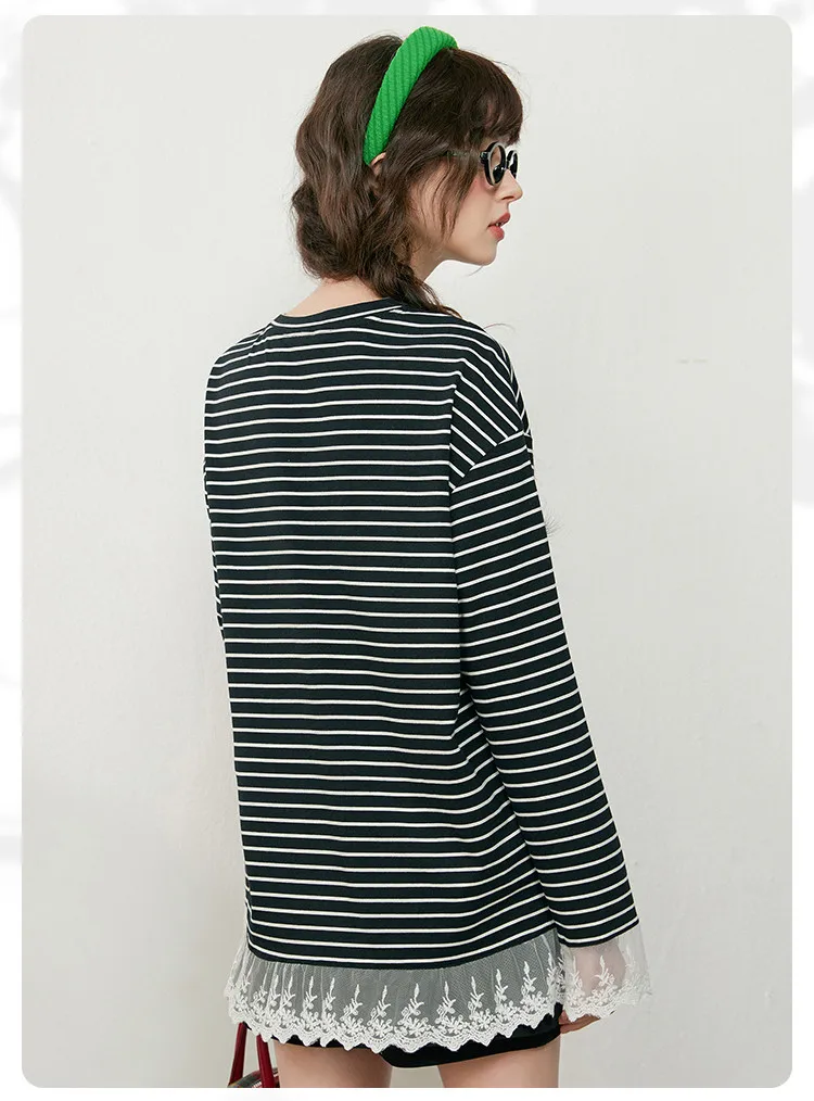 LOUIS YAO Contrast Colors Women's T-Shirts 2025 Autumn Striped Lace Long Sleeve Tees Slightly Stretchy Round Neck Casual Tops