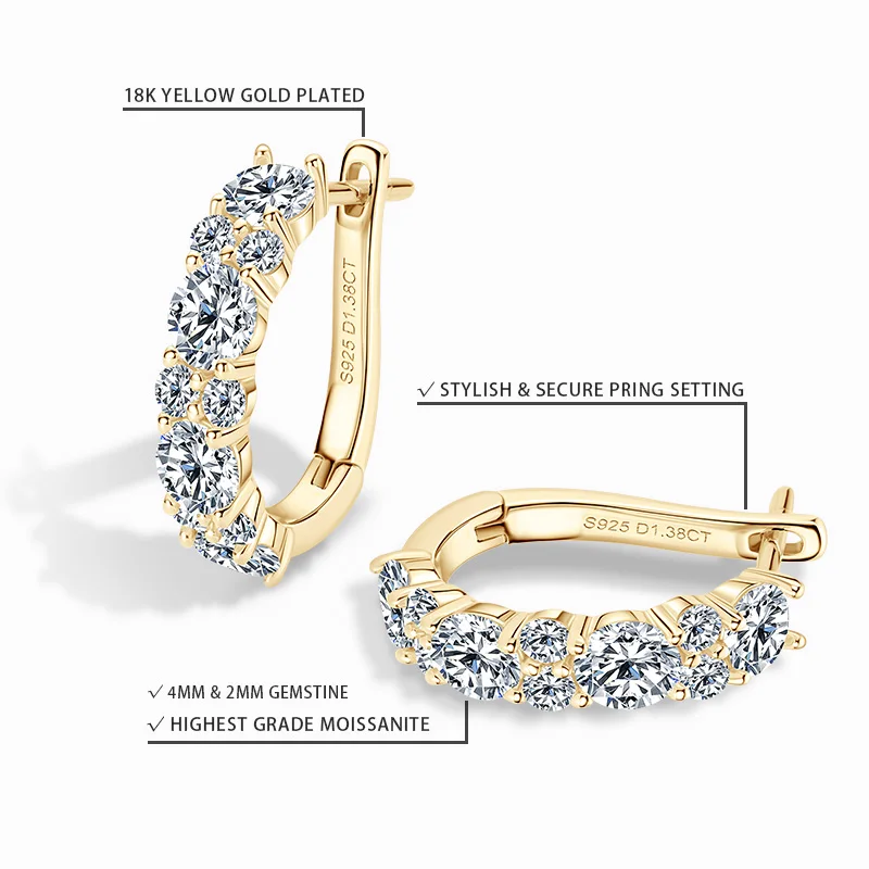 Anziw Sparking VVS1 Moissanite Earrings S925 Silver U Shape Hoop Earrings for Women Hot Sale Wedding Jewelry Certified 2.76CTTW.