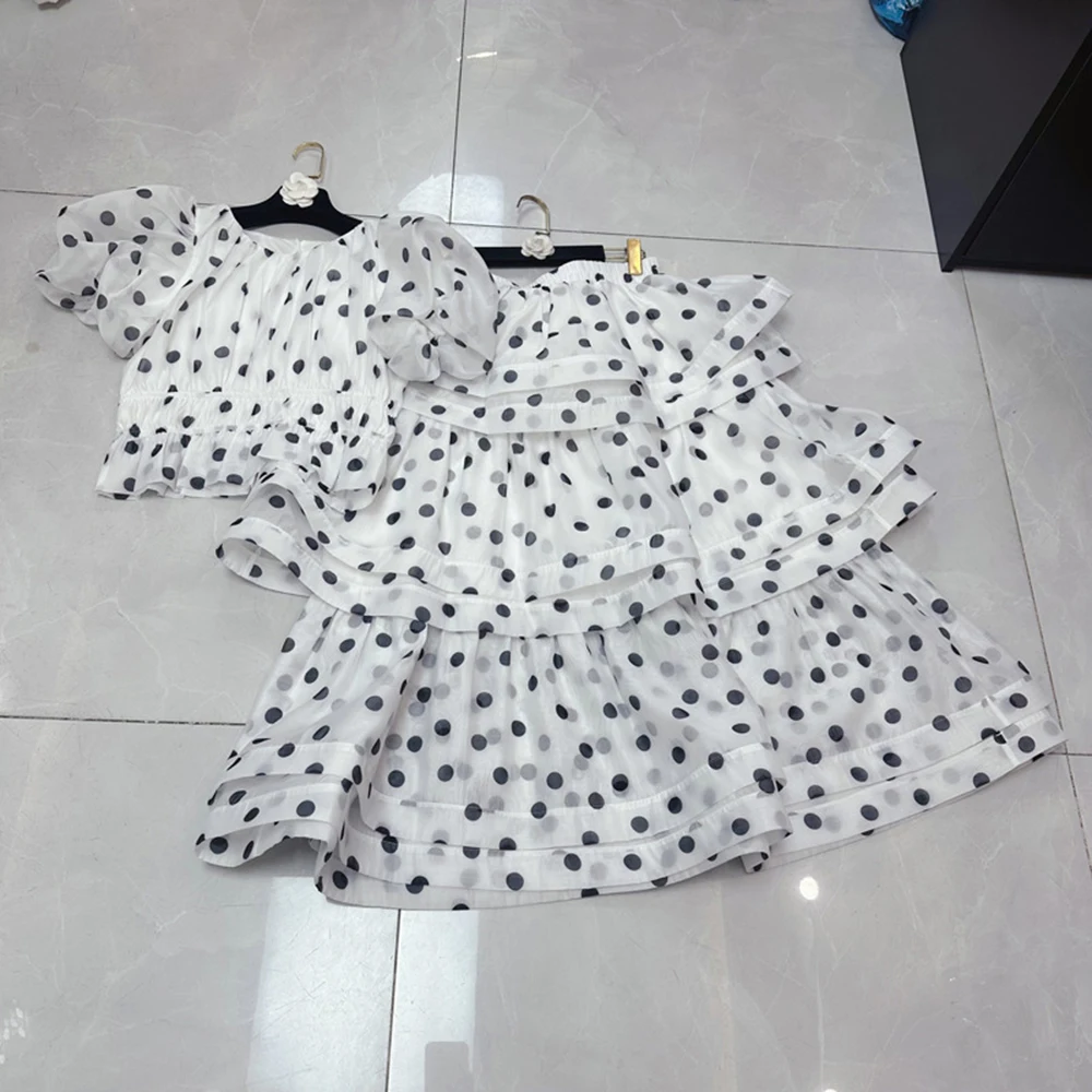 TWOTWINSTYLE French Style Print Two Piece Sets For Women Round Neck Short Sleeve Top High Waist Skirt Cute Set Female KSE532834