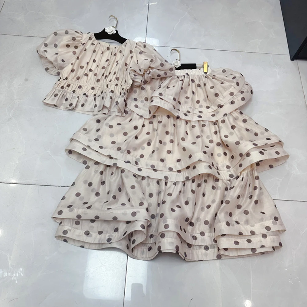 TWOTWINSTYLE French Style Print Two Piece Sets For Women Round Neck Short Sleeve Top High Waist Skirt Cute Set Female KSE532834