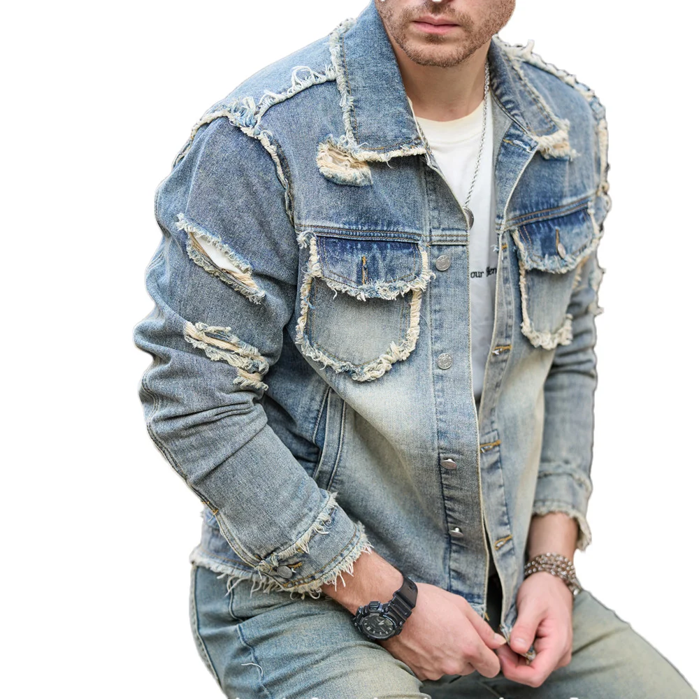Street Stylish Retro Style Holes Slim Street Denim Jacket Coat Good Quality Distressed Male Casual Denim Jacket