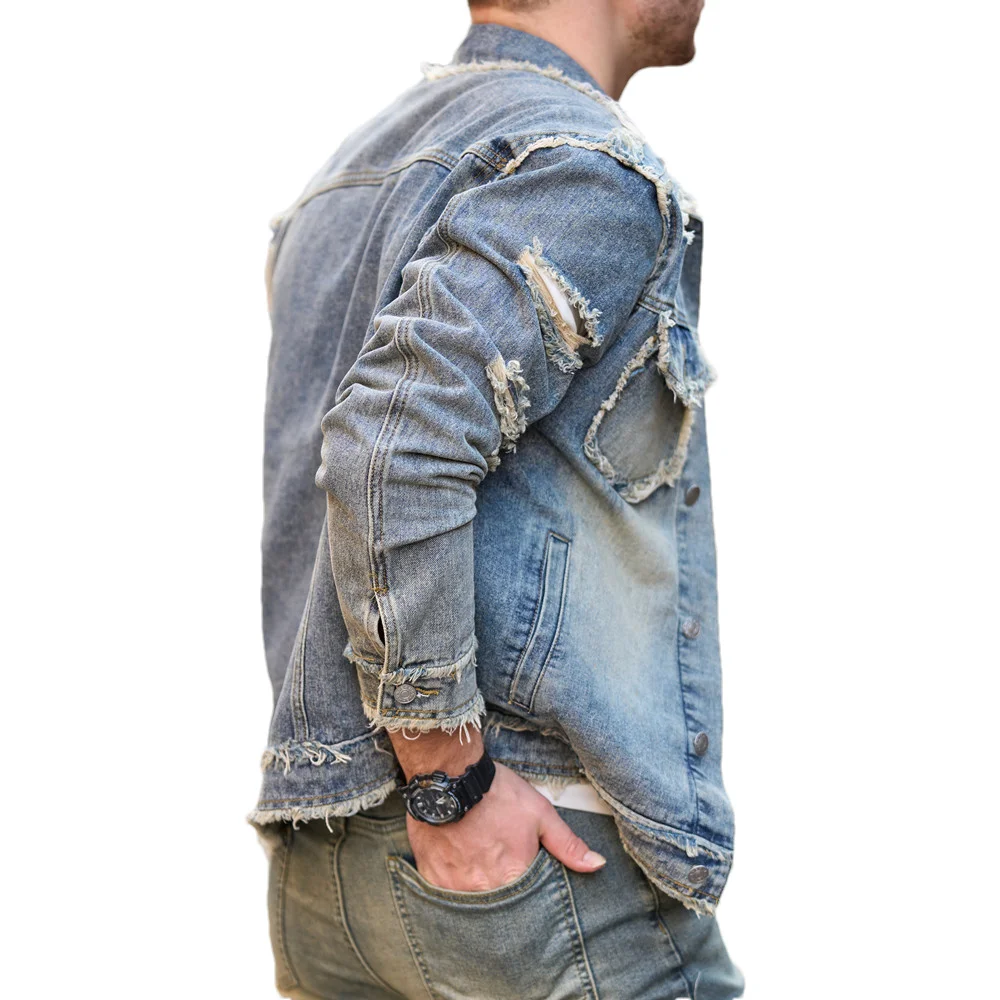 Street Stylish Retro Style Holes Slim Street Denim Jacket Coat Good Quality Distressed Male Casual Denim Jacket