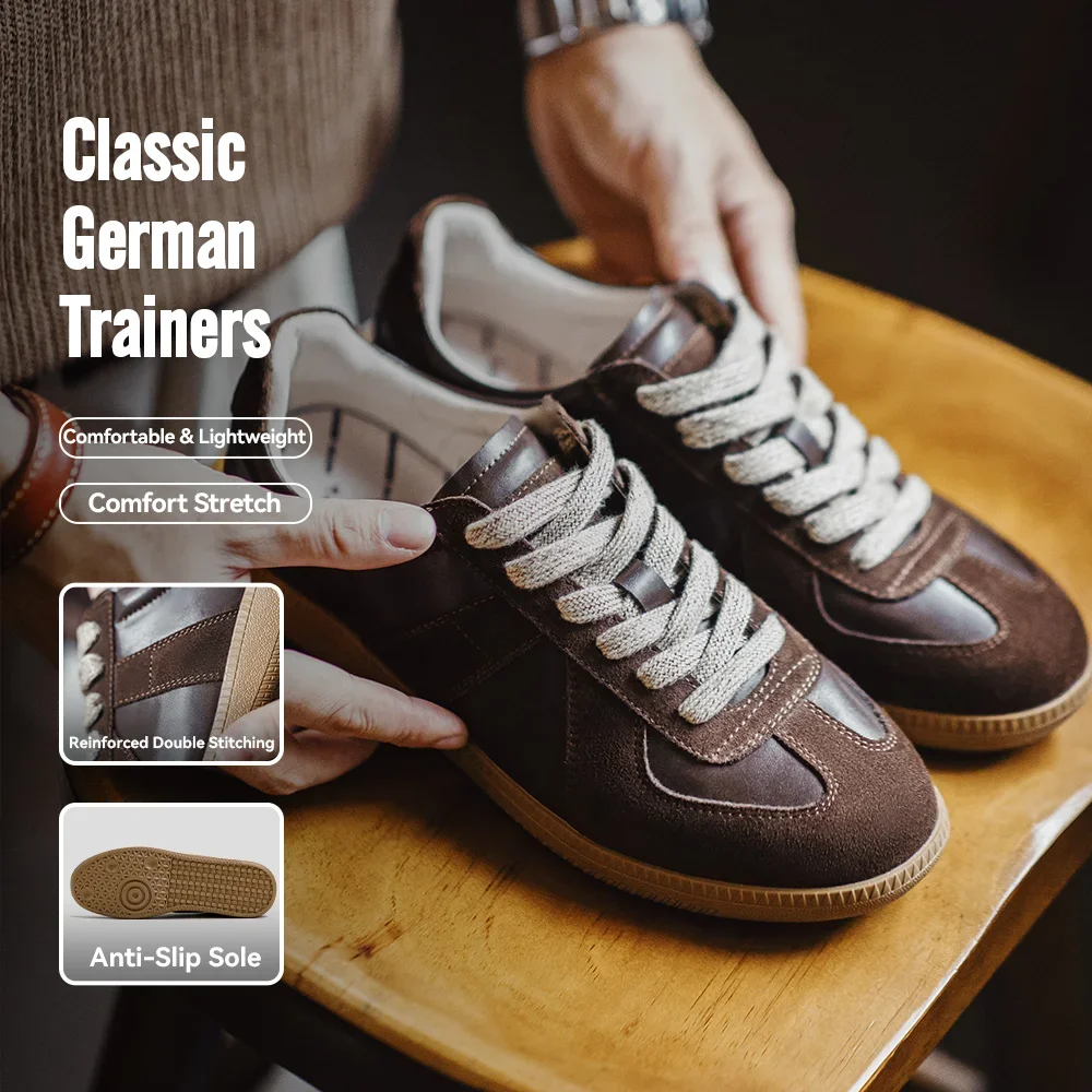 Maden Classic Brown Spliced German Trainer Shoes Flat Low-top Sneakers for Men's Spring and Autumn Casual Lace-up Sporty Shoes