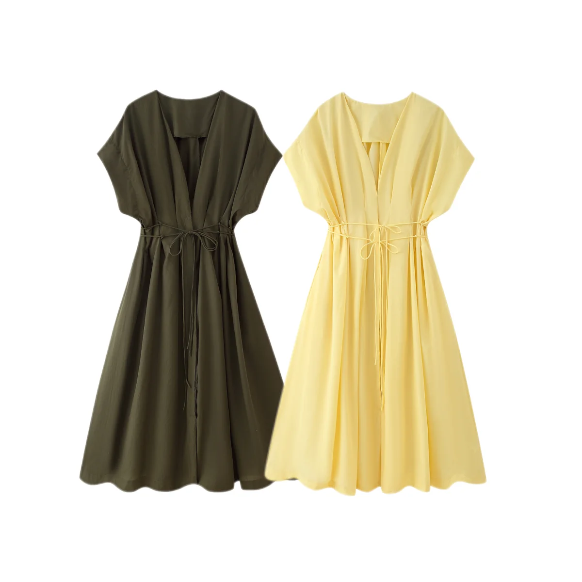 HH Summer Woman Lace Pleated Single-Breasted Design Midi Dress Women V-Neck Short Sleeve Chic Dress Elegant Slim Beach Dress