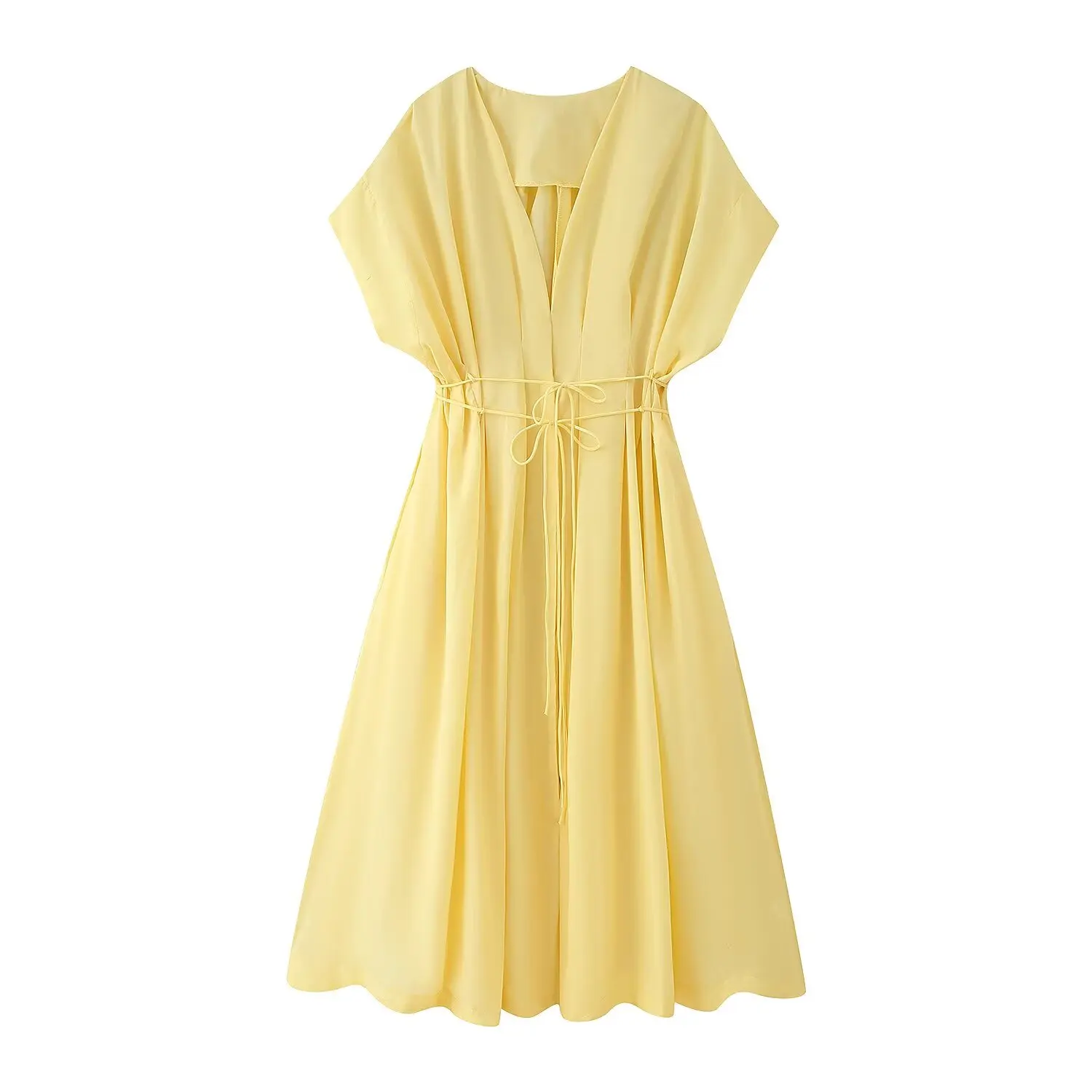 HH Summer Woman Lace Pleated Single-Breasted Design Midi Dress Women V-Neck Short Sleeve Chic Dress Elegant Slim Beach Dress