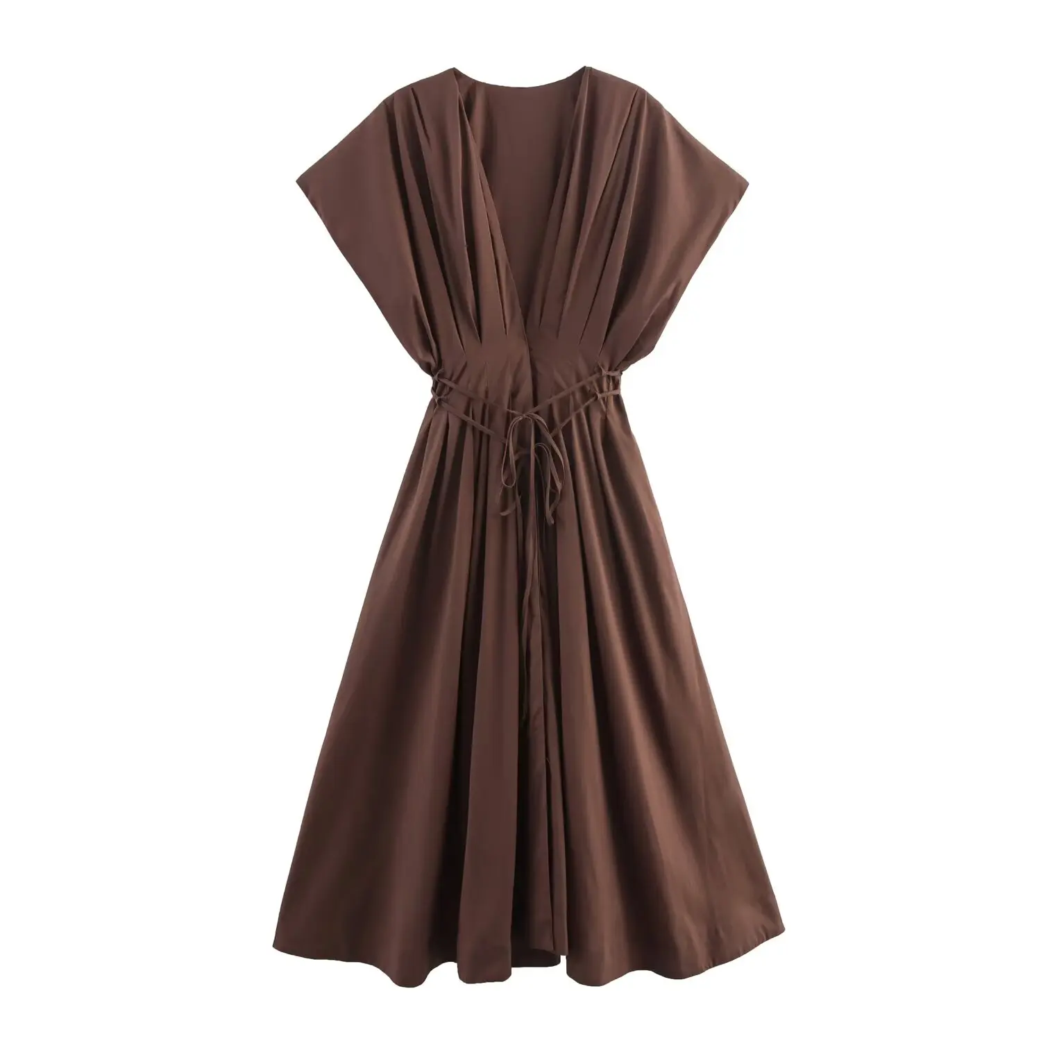 HH Summer Woman Lace Pleated Single-Breasted Design Midi Dress Women V-Neck Short Sleeve Chic Dress Elegant Slim Beach Dress
