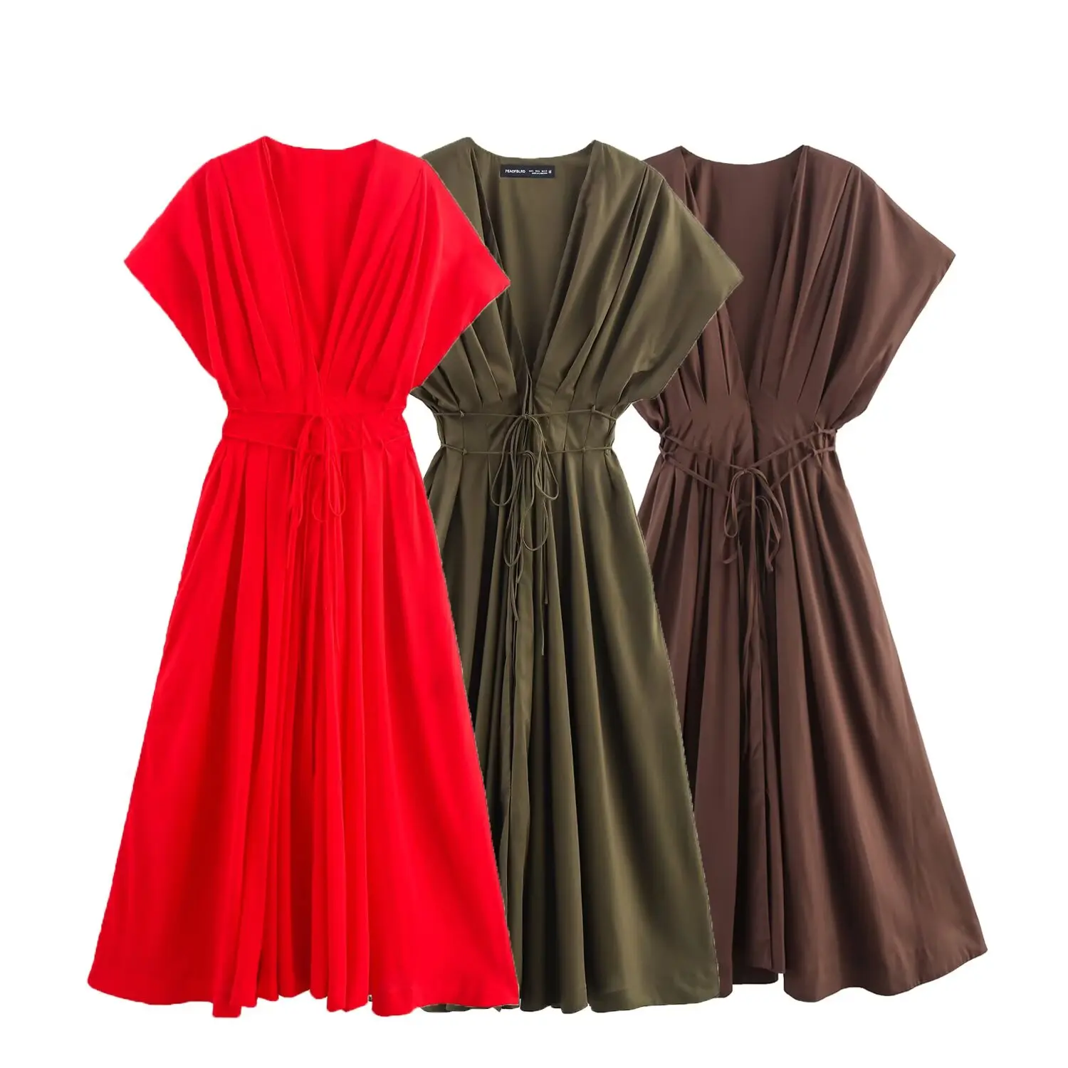 HH Summer Woman Lace Pleated Single-Breasted Design Midi Dress Women V-Neck Short Sleeve Chic Dress Elegant Slim Beach Dress