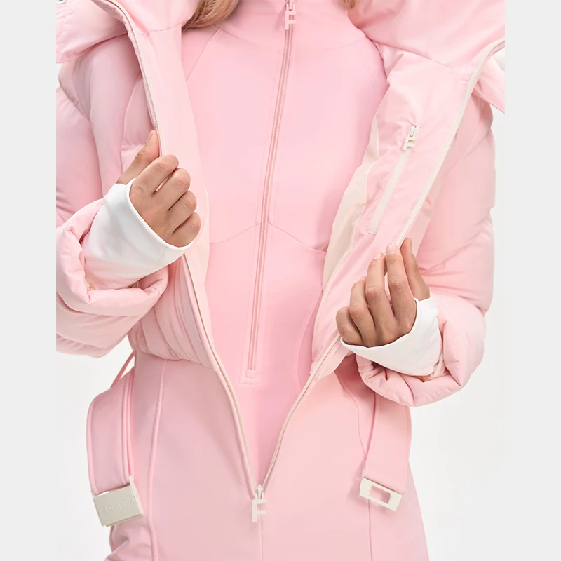 Thicken One-piece Ski Suit Women Faux Fur Hooded Tassels Coat High Waist Belt Jumpsuit 2025 Winter Windproof Waterproof Skiwears