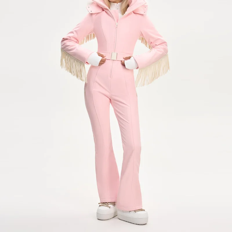 Thicken One-piece Ski Suit Women Faux Fur Hooded Tassels Coat High Waist Belt Jumpsuit 2025 Winter Windproof Waterproof Skiwears