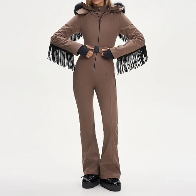Thicken One-piece Ski Suit Women Faux Fur Hooded Tassels Coat High Waist Belt Jumpsuit 2025 Winter Windproof Waterproof Skiwears