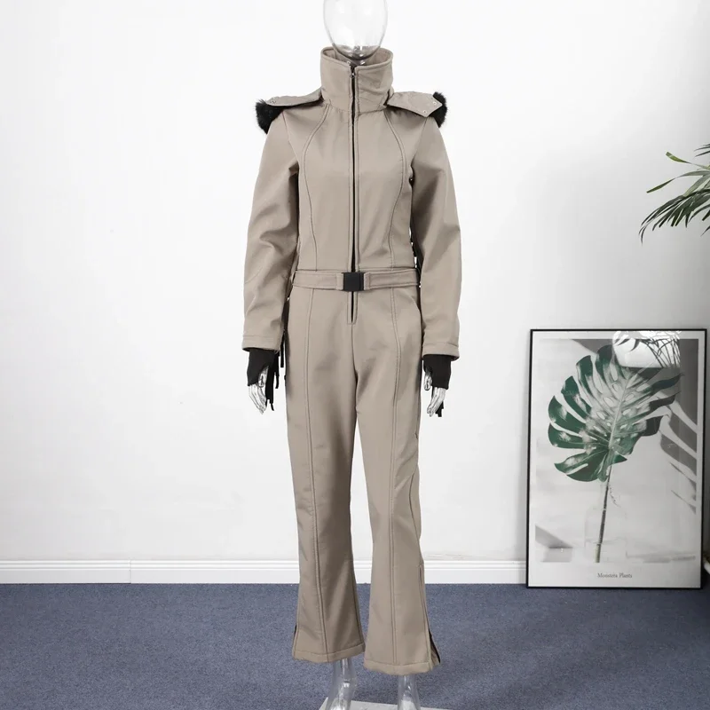 Thicken One-piece Ski Suit Women Faux Fur Hooded Tassels Coat High Waist Belt Jumpsuit 2025 Winter Windproof Waterproof Skiwears