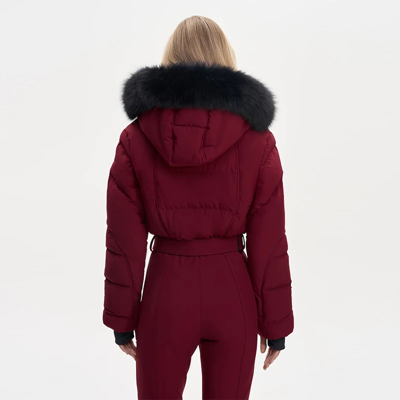 Thicken One-piece Ski Suit Women Faux Fur Hooded Tassels Coat High Waist Belt Jumpsuit 2025 Winter Windproof Waterproof Skiwears