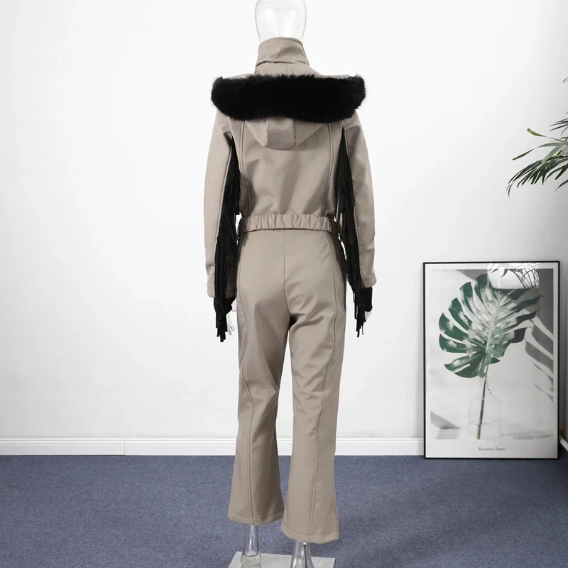 Thicken One-piece Ski Suit Women Faux Fur Hooded Tassels Coat High Waist Belt Jumpsuit 2025 Winter Windproof Waterproof Skiwears