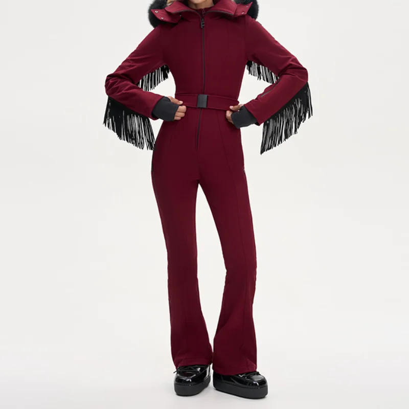 Thicken One-piece Ski Suit Women Faux Fur Hooded Tassels Coat High Waist Belt Jumpsuit 2025 Winter Windproof Waterproof Skiwears
