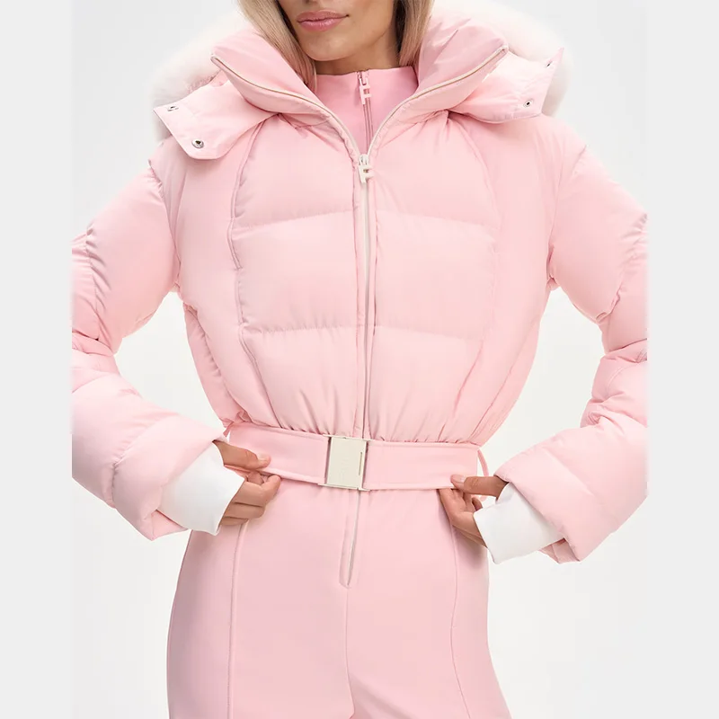 Thicken One-piece Ski Suit Women Faux Fur Hooded Tassels Coat High Waist Belt Jumpsuit 2025 Winter Windproof Waterproof Skiwears