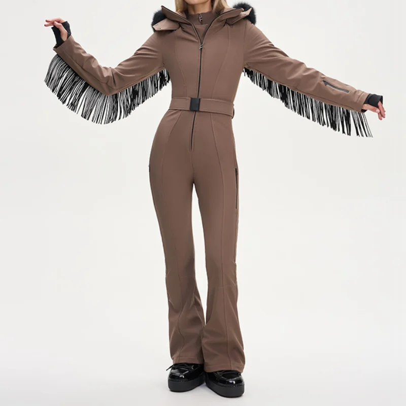 Thicken One-piece Ski Suit Women Faux Fur Hooded Tassels Coat High Waist Belt Jumpsuit 2025 Winter Windproof Waterproof Skiwears