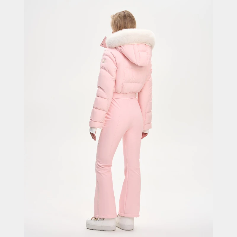 Thicken One-piece Ski Suit Women Faux Fur Hooded Tassels Coat High Waist Belt Jumpsuit 2025 Winter Windproof Waterproof Skiwears