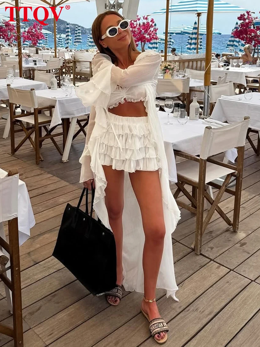 TTQV Sexy Loose White Women's 3 Pieces Set 2025 Fashion Long Sleeve Robes + Bra With High Waist Pleated Mini Skirt Set Female