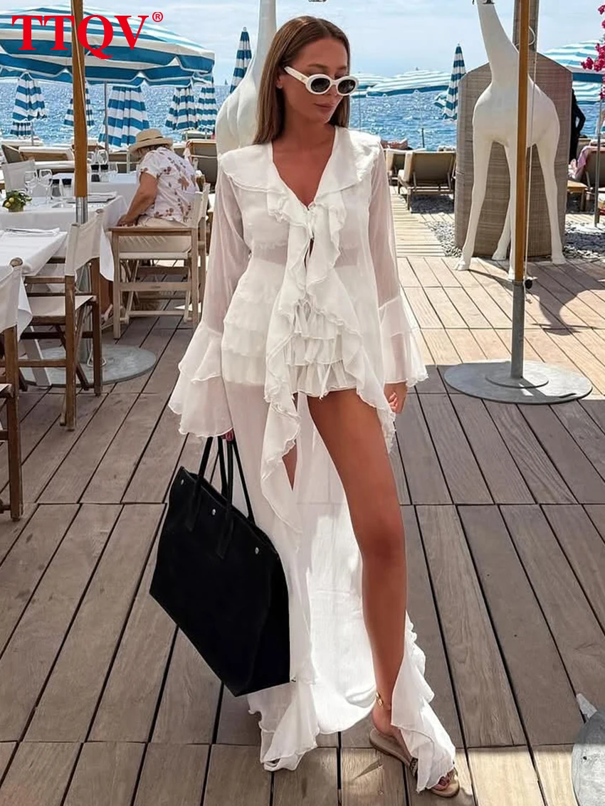 TTQV Sexy Loose White Women's 3 Pieces Set 2025 Fashion Long Sleeve Robes + Bra With High Waist Pleated Mini Skirt Set Female