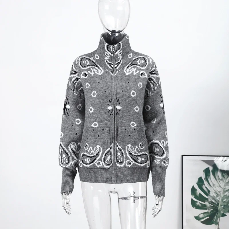 2026 Spring Loose Knit Jacquard Stand Collar Women Cardigan Zipper Full Sleeve Pockets Loose Sweater Fashion Lady Soft Knitwear