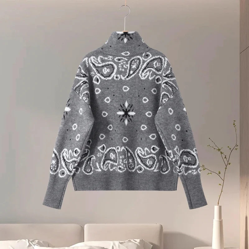 2026 Spring Loose Knit Jacquard Stand Collar Women Cardigan Zipper Full Sleeve Pockets Loose Sweater Fashion Lady Soft Knitwear