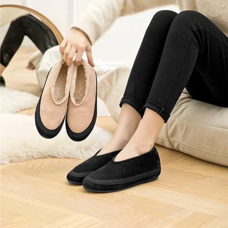 AIYUQI Winter Flat Shoes Women 2025 New Fur Lining Warm Women Snow Shoes Genuine Leather Comfortable Female Winter Ballet Shoes