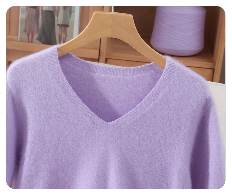 Women's Short Sleeved 100% Pure Mink Cashmere Knitted Sweater Autumn Winter New V-Neck T-Shirt Top Casual Solid Color Base Shirt