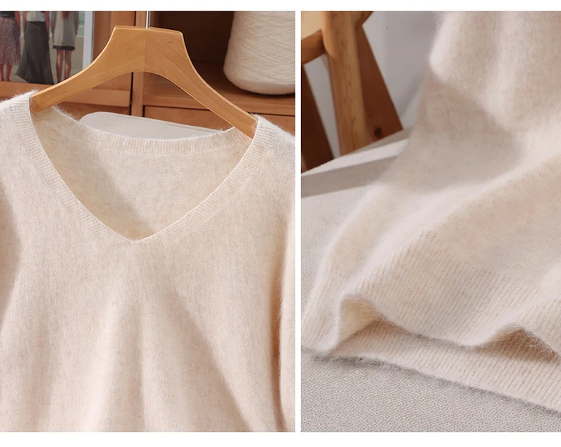 Women's Short Sleeved 100% Pure Mink Cashmere Knitted Sweater Autumn Winter New V-Neck T-Shirt Top Casual Solid Color Base Shirt