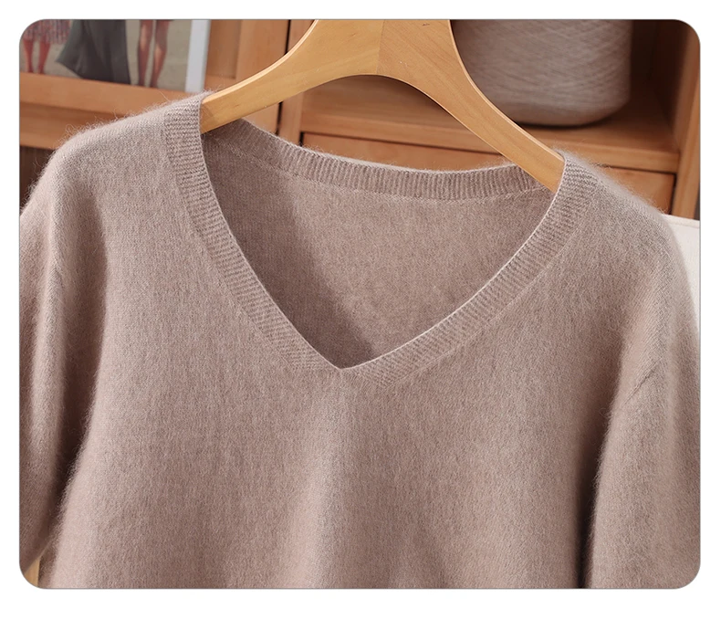 Women's Short Sleeved 100% Pure Mink Cashmere Knitted Sweater Autumn Winter New V-Neck T-Shirt Top Casual Solid Color Base Shirt