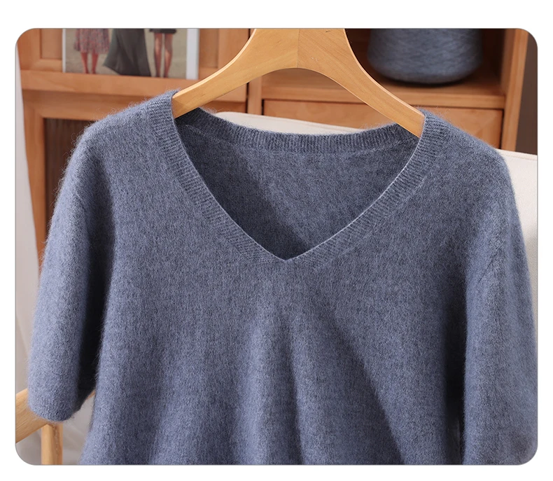 Women's Short Sleeved 100% Pure Mink Cashmere Knitted Sweater Autumn Winter New V-Neck T-Shirt Top Casual Solid Color Base Shirt