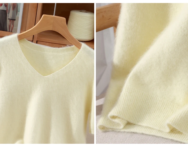 Women's Short Sleeved 100% Pure Mink Cashmere Knitted Sweater Autumn Winter New V-Neck T-Shirt Top Casual Solid Color Base Shirt