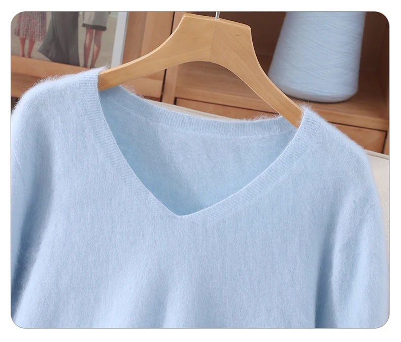 Women's Short Sleeved 100% Pure Mink Cashmere Knitted Sweater Autumn Winter New V-Neck T-Shirt Top Casual Solid Color Base Shirt