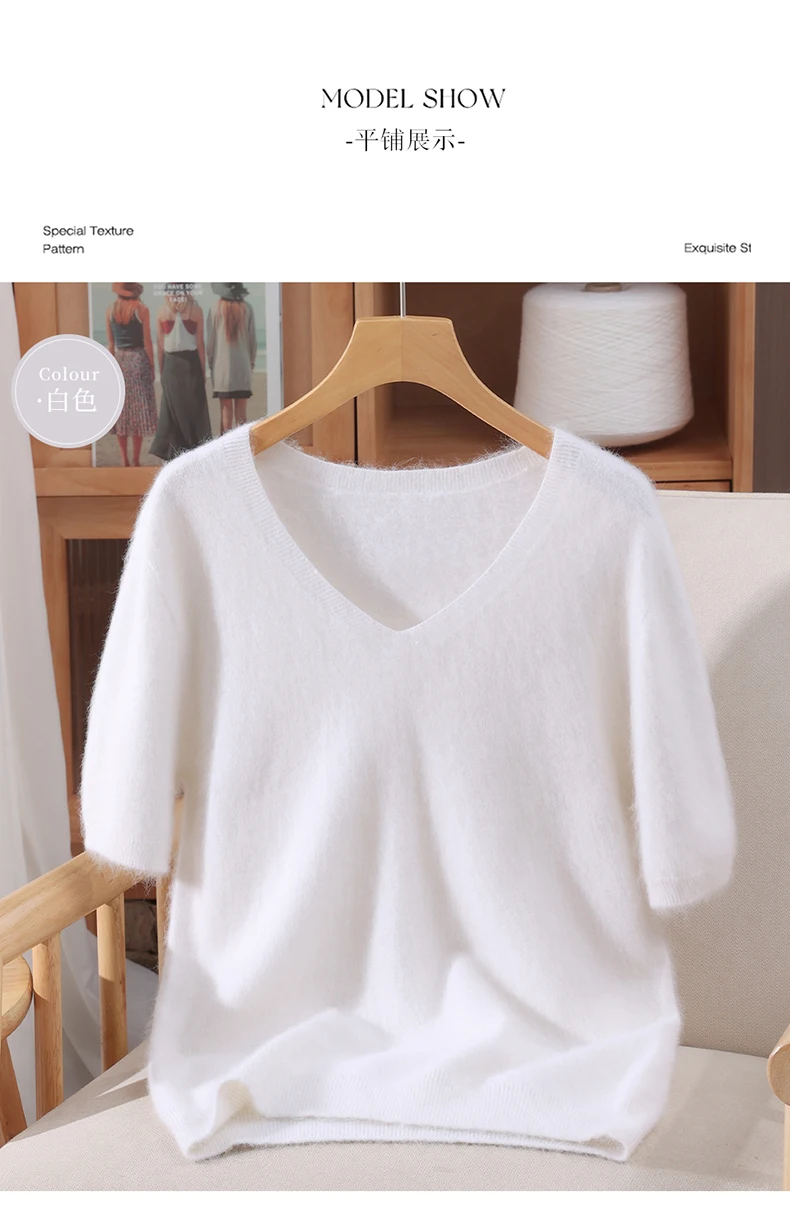 Women's Short Sleeved 100% Pure Mink Cashmere Knitted Sweater Autumn Winter New V-Neck T-Shirt Top Casual Solid Color Base Shirt