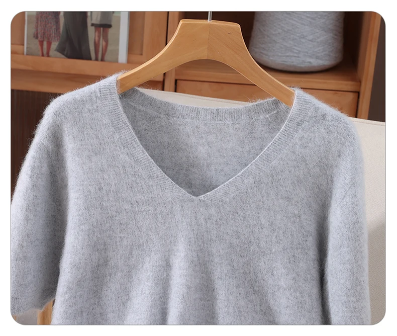 Women's Short Sleeved 100% Pure Mink Cashmere Knitted Sweater Autumn Winter New V-Neck T-Shirt Top Casual Solid Color Base Shirt