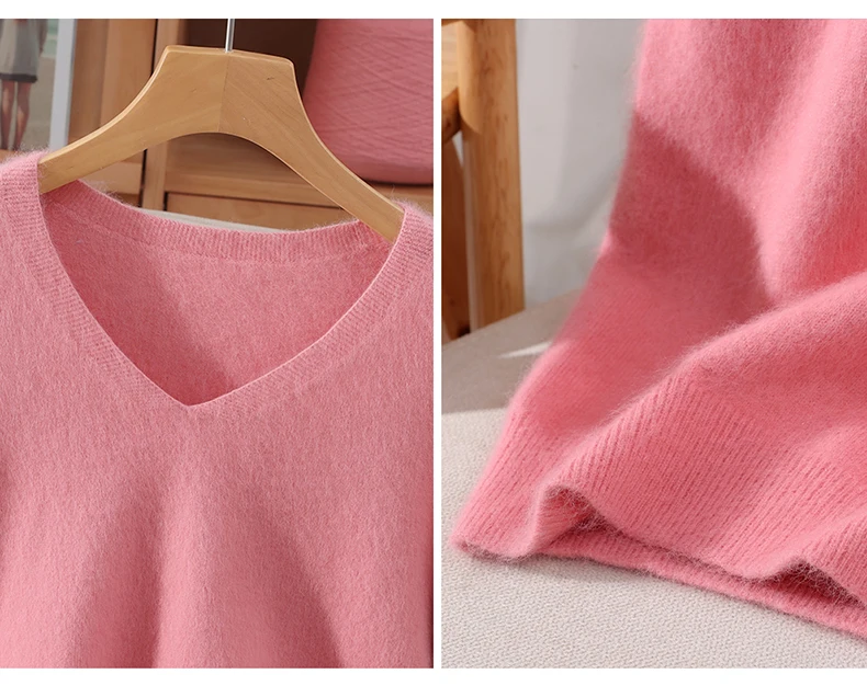 Women's Short Sleeved 100% Pure Mink Cashmere Knitted Sweater Autumn Winter New V-Neck T-Shirt Top Casual Solid Color Base Shirt