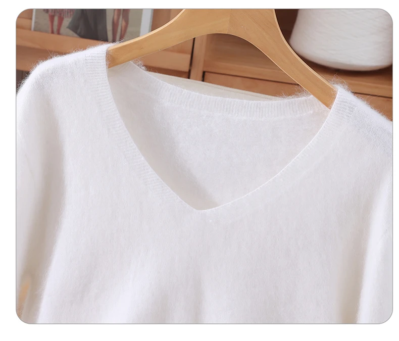 Women's Short Sleeved 100% Pure Mink Cashmere Knitted Sweater Autumn Winter New V-Neck T-Shirt Top Casual Solid Color Base Shirt