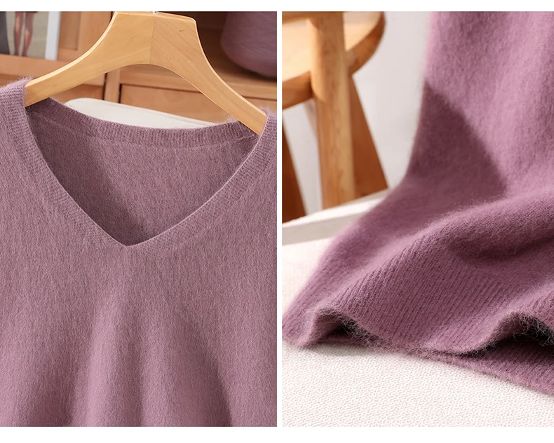Women's Short Sleeved 100% Pure Mink Cashmere Knitted Sweater Autumn Winter New V-Neck T-Shirt Top Casual Solid Color Base Shirt