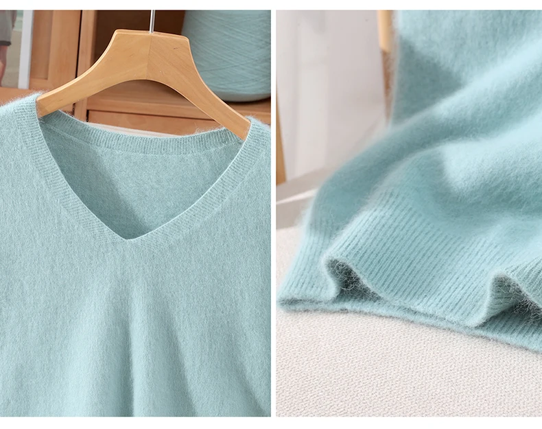 Women's Short Sleeved 100% Pure Mink Cashmere Knitted Sweater Autumn Winter New V-Neck T-Shirt Top Casual Solid Color Base Shirt