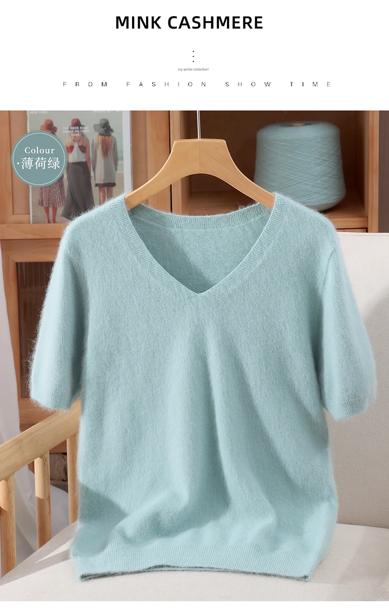 Women's Short Sleeved 100% Pure Mink Cashmere Knitted Sweater Autumn Winter New V-Neck T-Shirt Top Casual Solid Color Base Shirt